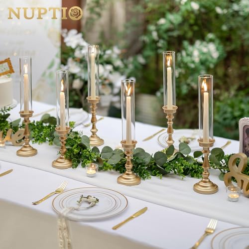 NUPTIO Gold Candlestick Holders Bulk: Set of 6 Tall Hurricane Glass Taper Candleholders - Vintage Candles Stick Stand for Wedding Bridal Shower Birthday Party Centerpiece Decor