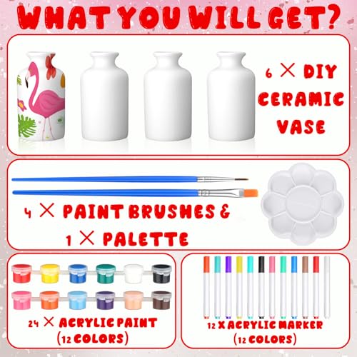 6 Set Mother's Day Ceramics to Paint DIY Your Own Ceramic Painting Kit for Crafts Vase to Paint Unpainted Plaster Paintable Kit Mother Art DIY Craft Supply with Brush Palette for Adult(Bright) - color: Bright
