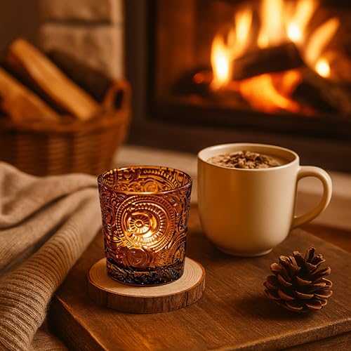 6 Pack Sun Moon Star Embossed Glass Tea Light Candle Holders - Votive Candle Holders for Wedding, Party, Home Decor, and Table Centerpieces (Chestnut Brown) - color: Chestnut Brown