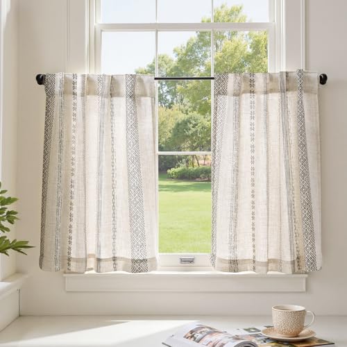 jinchan Boho Kitchen Curtains 24 Inch Grey Linen Tier Curtains with Geometric Pattern Bohemian Cafe Small Light Filtering Window Treatment for Living Room RV Back Tab 2 Panels Grey on Linen - color: Liora | Grey on Linen, size: 26"W x 24"L (Pack of 2)