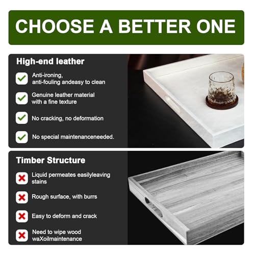 25x18 inches Leather Ottoman Serving Tray with Hole Handles, Rectangle Large Modern Service Tray for Living Room, Coffee Table, Bed, Tea, Food, Butler Countertop, Kitchen, Dinner, Picnic (White) - color: White, size: 25" x 18" x 2"