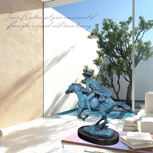 Famous Western Sculpture-Bronze Horse Statue Western Cowboy Horse Rodeo Rider with Marble Base Collectible Figurines Office Home Decor Art Bronze Sculptures - color: Blue-oval Base