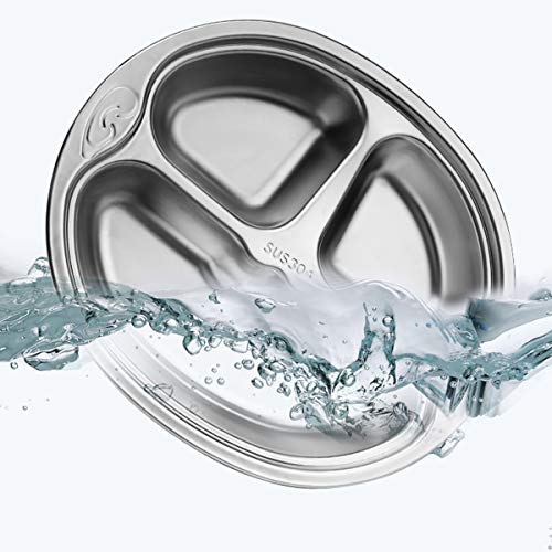 Set of 2 Stainless Steel Divided Platter Dinner Tray 3 Sections Dinner Plates - 304 Stainless steel metal plate for Campers, and for Portion Control - size: H3C (3 Sections)