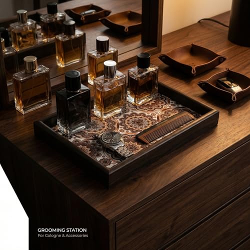 Zosenley Wooden Valet Tray with Leather Base - Nightstand Catchall Organizer for Cologne, Perfume, Keys, Wallet, Phone, Watch, Jewelry & Sunglasses (Bohemian) - color: Bohemian