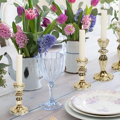 Candlestick Holders Set of 3, Gold Glass Mercury Candle Holders for Candlesticks, Table Centerpiece, Home Decor, Wedding, Birthday, Party, Christmas - color: Gold