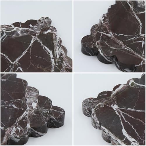Square Marble Decorative Tray with Scalloped Edge, Luxury Natural Stone Bathroom Vanity Tray, Dresser Top Perfume Coffee Home Kitchen Sink Tray, Key Trinket Ring - color: Rosso Lepanto