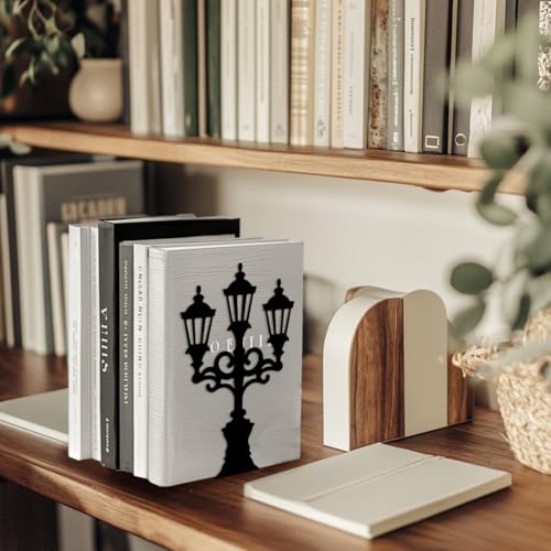 Peacoblue Metal Bookends for Shelves, Modern Decorative Heavy Duty Study Book Support Stoppers for Office, Desk, Shelf, Room 5.3"x4.3"x7.3" Cast Iron Simple Tall Bookends, 1 Pair (Street Lamp) - style: Street Lamp