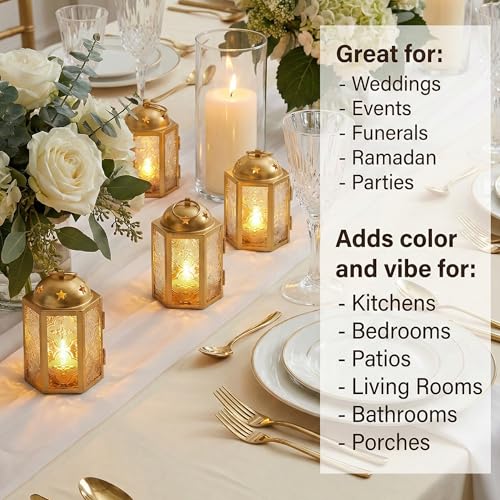 VELA LANTERNS Mini Moroccan Tea Light Candle Holder Lanterns – 4.25" Small Decorative Lantern for Table or Hanging, Metal with Glass Panels – Ramadan, Wedding, Home Decor, Gold (Set of 4) - color: Gold