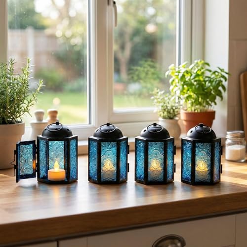 VELA LANTERNS Mini Moroccan Tea Light Candle Holder Lanterns – 4.25" Small Decorative Lantern for Table or Hanging, Metal with Glass Panels – Ramadan, Wedding, Home Decor, Aqua Blue (Set of 4) - color: Aqua Blue