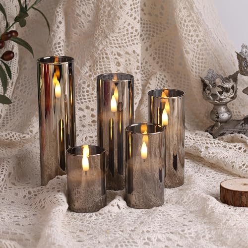 Eywamage 5 Pack Grey Glass Flameless Candles with Remote, Flickering Slim Tall LED Pillar Votive Candles Battery Included - color: Gray