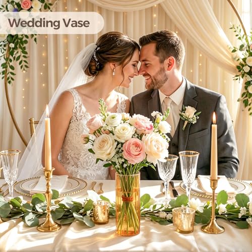 ComSaf Glass Cylinder Vases, Bud Vase for Centerpieces, 8 Inch Tall Ribbed Vase Hurricane Floating Candle Holder, Decorative Flower Vases for Wedding Reception, Home Decor, Housewarming Gift (Amber) - color: Amber