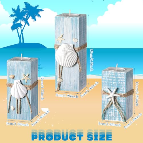 Suzile 3 Pcs Summer Ocean with Candles Tealight Candle Holders Decorations Wood Table Sign Starfish Scallop Tealight Marine Life Candlesticks for Table Centerpiece Tiered Tray Decor