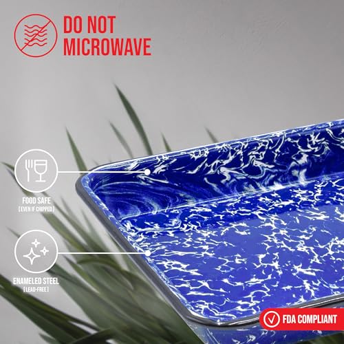 Red Co. 11" x 9" Enamelware Metal Classic 2 Quart Rectangular Serving Tray, Navy Blue Marble/Black Rim - Splatter Design - color: Navy Blue