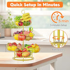 PouHenier.jh 5 Tier Fruit Basket Stand for Counter, Kitchen Tall Tiered Fruit Bowl Organizer for Dining Table Countertop, Multi Level Fresh Produce and Vegetable Holder Rack, Sturdy Metal Wire, Gold