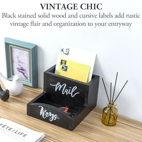 MyGift Urban Modern Mail Holder and Key Organizer Tray in Black Stained Solid Wood Finish, Entryway Storage Catchall with Cursive Mail and Keys Word Design, Office Desktop Organizing Bin - color: Coal Black