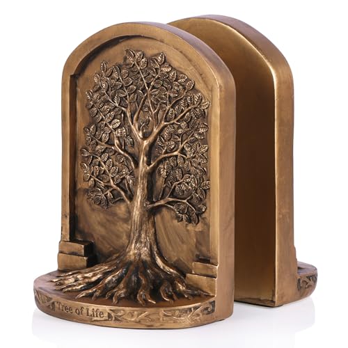 Large Vintage Tree of Life Bookends Set – 2 Non-Skid Heavy Bookends, Antique Bronze Finish Resin Decorative Bookends for Heavy Books, Office, Library, Bookshelf, Living Room, Housewarming Gift - color: Vintage Brass Tone