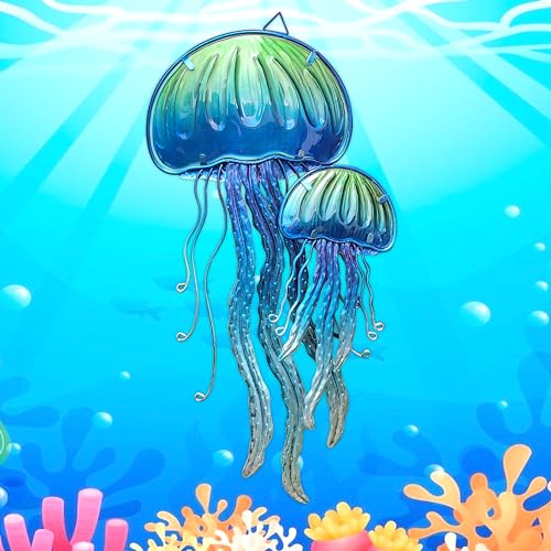 JOYBee Ocean Jellyfish Wall Art Decor-Sea Life Nautical Home Hanging Decor-Glass&Metal Jellyfish Decoration for Pool,Beach,Patio,Living Room,Bathroom,Boat, Coastal Decorations(17inch) - color: Blue Jellyfish