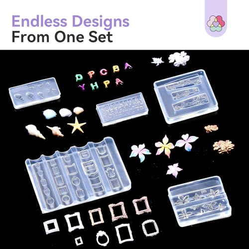SAVILAND 3D Silicone Nail Art Molds: 5PCS Quick & Easy 3D Silicone Nail Molds with Flower Shell Letter Mold Reusable Clear Modeling Templates Tools for Fast Sculpting Design Home DIY Salon Manicure - color: Clear