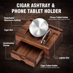 Tesonway Cigar Ashtray, Wooden Cigar Ashtrays with Cigar Cutter, Phone Tablet Holder, Cigar Holder, Accessories Drawer and Lighter Slot, Home Bar Outdoor Ashtray, Great Cigar Accessories Gift for Men