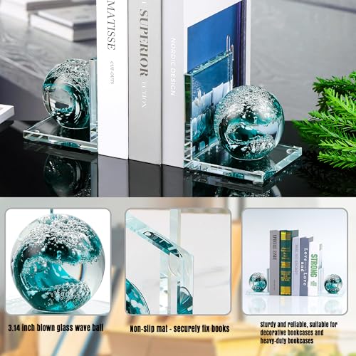 Book Ends for Shelves, Glass Bookends with Dark Blue Glass Hand Blown Sea Wave Ball, Non Skid Sturdy Decorative Bookends for Ocean Lovers, Heavy Books, Office, Set of 2 - color: Dark Blue