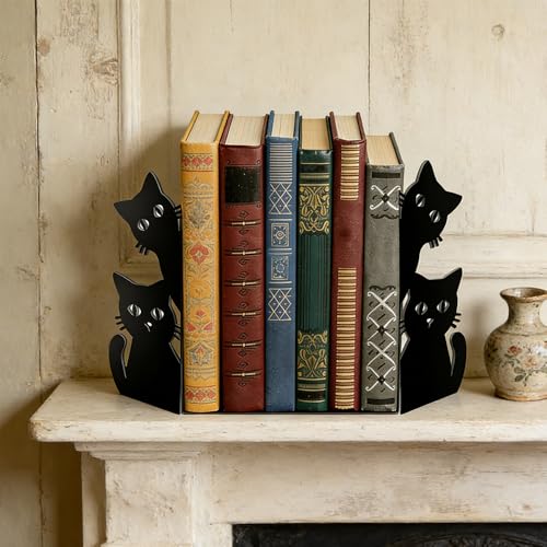 Peeking Cat Metal Bookends - Cute Book Ends for Heavy Novels Books, Geometric Pattern Book Holders for Shelves, Black Matte Decorative Cat Bookends for Office, Home, Library & Nursery - color: Type-5