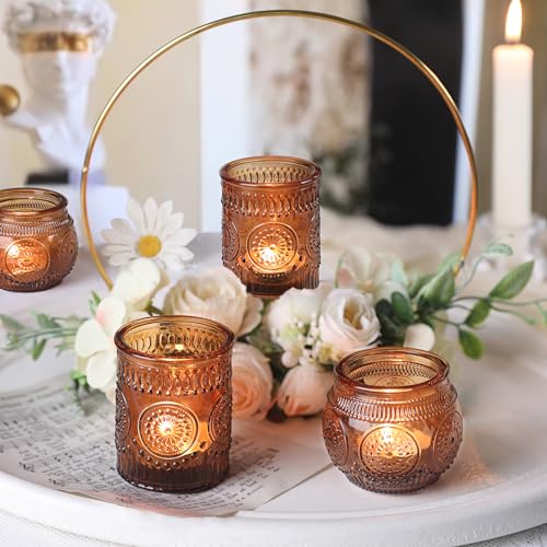 DARJEN 12Pcs Amber Votive Candle Holders - Vintage Glass Candle Holders for Flameless LED Tea Waxes, Tealight Candle Holder for Wedding & Home Table Decor, Vintage Parties - color: Amber, size: 12 PCS
