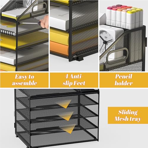 Letter Tray Paper, 5 Tier Desk Organizer with Pen Holder and Handle, Mesh File Organizer Paper Sorter Metal Desktop Document Shelf for Office Home Classroom - Black - color: 5 Tier-black