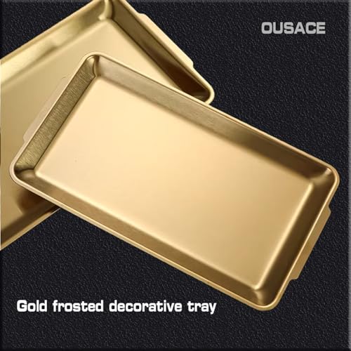 Gold Stainless Steel Decorative Tray, Rectangular Metal Platter with Raised Edges, Multipurpose Tray for Coffee Table, Kitchen and Party Display (Small) - size: Small