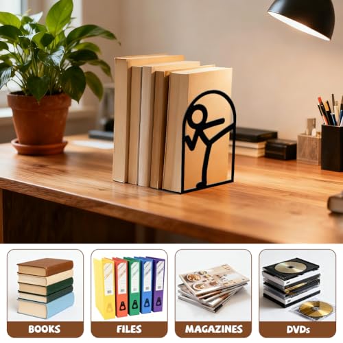 Peacoblue Metal Bookends for Shelves, Modern Decorative Heavy Duty Study Book Ends Stoppers for Office, Desk, Shelf, Room 5.3"x4.3"x7.9" Cast Iron Simple Tall Bookends 1 Pair (Stickman) - style: Stickman