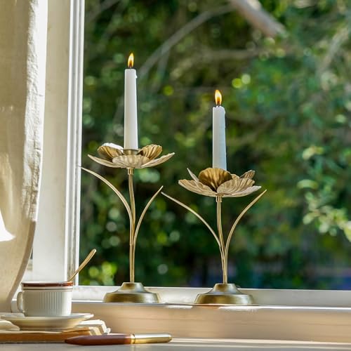 NIKKY HOME Tulip Taper Candle Holders Set of 2, Vintage Elegant Flower Shaped Metal Candlestick for Table Centerpieces, Wedding Decor and Dinner Party, Gold - color: Gold