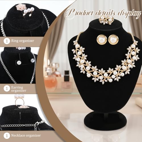 3Pcs Black Velvet Jewelry Display Set, Including Necklace Mannequin Bust Stand, T Shape Bracelet Stand, Ring Finger Jewelry Holder, for Retail Display Organization Home Decor