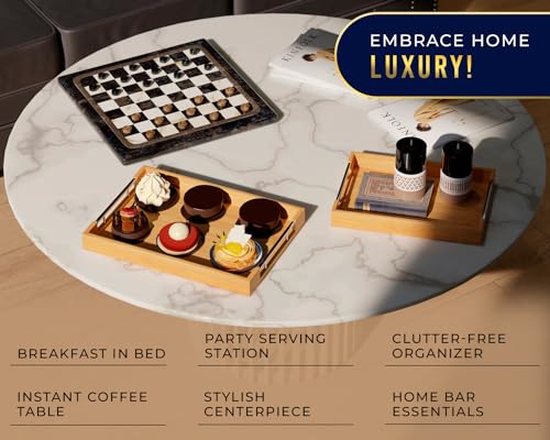 Comfify Decorative Bamboo Serving Trays with Silver Stainless Steel Handles – 2-Piece Set for Coffee Table, Ottoman, Breakfast in Bed, Jewelry & Decor Organization – 12"x17" – Pure Bamboo Finish