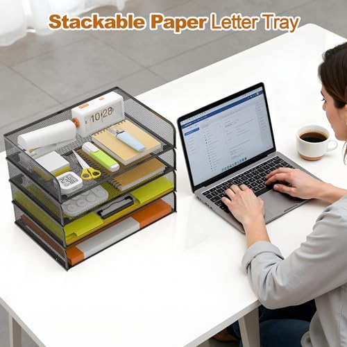 YINGHUA 4-Pack Metal Mesh Stackable Paper Letter Trays Organizer for Classroom,Office Desk File Sorter Holder Organizer Storage Box for Letter/A4 Size Folder Documents-Black - color: 4 Pack-black