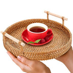 Rattan Tray 8.7-Inch Round – Woven Serving Basket with Handles – Holidays Romantic Decorative Tray for Coffee Table, Bread, Fruit, Vegetables, Restaurant & Home Use Charming Styling Coffee Table Decor