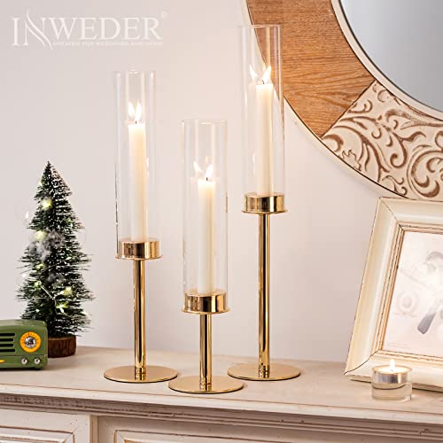 Hurricane Taper Candle Holders: Gold Glass Candlestick Holder Tall Candle Sticks Holder Decor with Glass Cover for Wedding Table Centerpiece Party Birthday Christmas Home Mantel Set of 3 - color: Gold, size: 1 Set(3 Pcs)