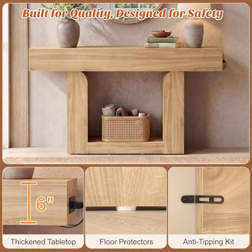 Homieasy Console Table, 47" Entryway Table with LED Lights & Charging Station, Farmhouse Wooden Sofa Table Behind Couch, Narrow Hallway Table for Living Room, Foyer, Entry, Natural Oak - color: Natural Oak, size: 47.2"