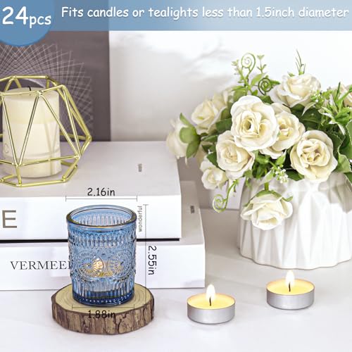 24 Pcs Blue Glass Votive Candle Holders, Tealight Candle Holders for Table Centerpieces, Vintage Candle Holder Bulk, Boho Wedding, Home, Bridal Shower, Birthday Party Table Decor (Blue) - color: Blue