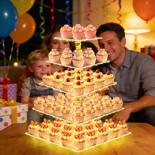 YestBuy 5 Tier Cupcake Stand for 60 Cupcakes,Clear Acrylic Cupcake Tower with Yellow LED Lights and 4.7" Clear Tiers, Perfect for Weddings, Birthdays and Dessert Tables - color: Yellow, size: 5 Tier Square