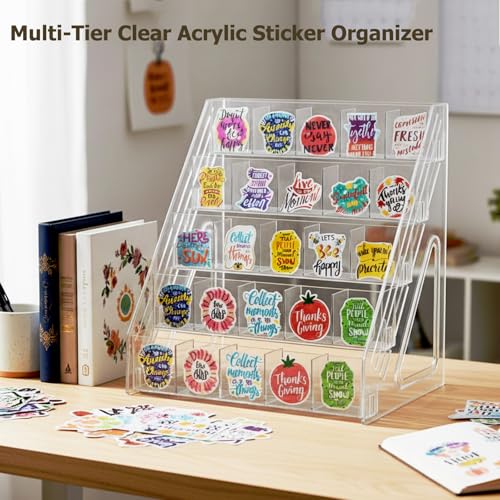 Bookmark Display Stand for 2.5''Bookmark, 5 Tier 25 Pockets Clear Acrylic Sticker Holder for Vendor Events Retail, Portable Stamp Display Shelf Rack
