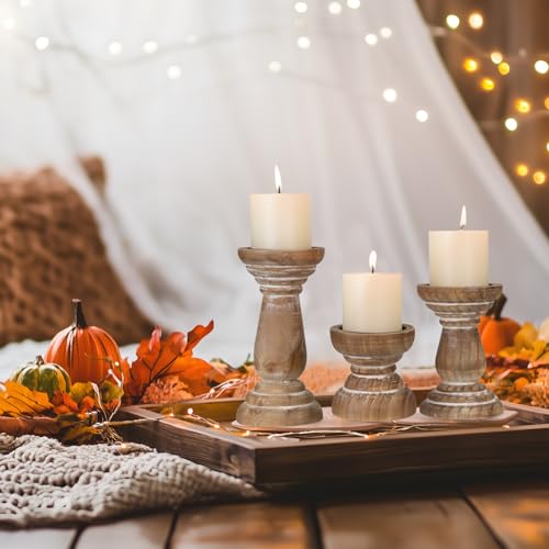 Candle Holder for Pillar Candle Set of 3, Farmhouse Wood Candle Holder, Rustic Wooden Candle Stand, Vintage Small Wooden Candlestick HoldersDecorative for Living Room, Table Centerpiece (Brown) - color: Washedbrown, size: Set of 3