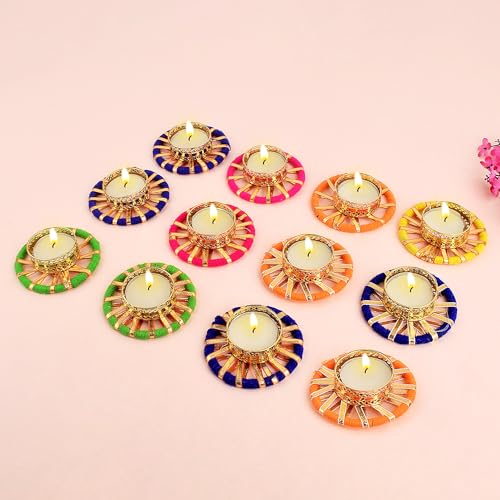 SATVIK 12 Pcs Round Chakra Metal Diya Festive Diwali Pooja Pujan Candle Tea Light Holder Oil Lamp Home Mandir Office Decoration Table Diya - size: Pack of 12