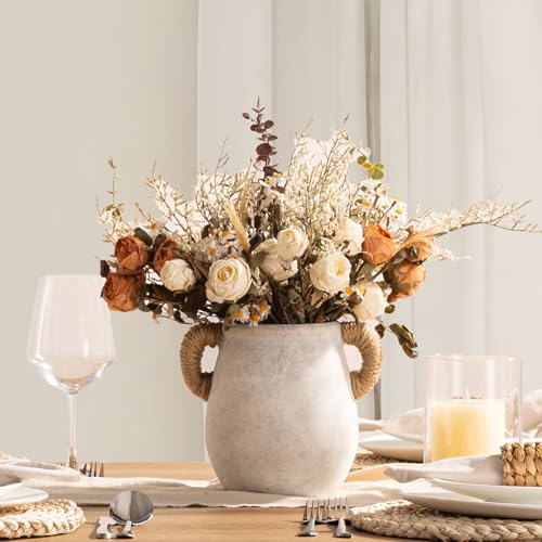 Ceramic Flower Vase Home Decor - White Rustic Table Flowers Vases Living Room Bedroom Plant Decoration Modern Farmhouse Vintage for Kitchen Shelf Office Coffee Dining Desk House (7.1" with Jute Rope) - color: 05-with Hemp Rope-7.1"
