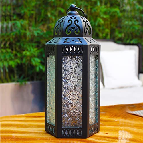 CVHOMEDECO. Decorative Candle Lantern Moroccan Lanterns Vintage Black Metal Lantern Holder for Home Patio Outdoor Decor. Clear Glass, Medium - color: Clear