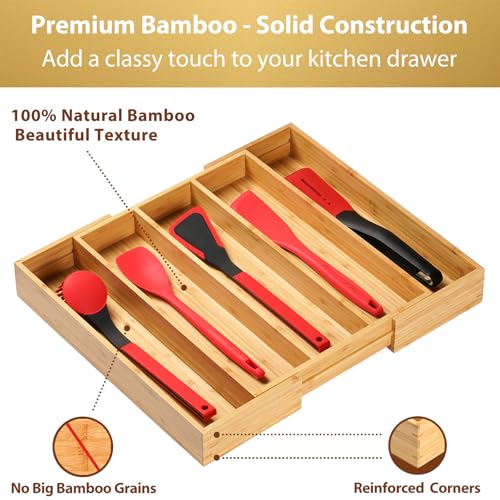 Umilife Expandable Kitchen Drawer Organizer, 2.5" High Bamboo Utensils Silverware Tray, Adjustable Large Deep Wood Organization Holder - style: For Utensil (13"~20" x 17")