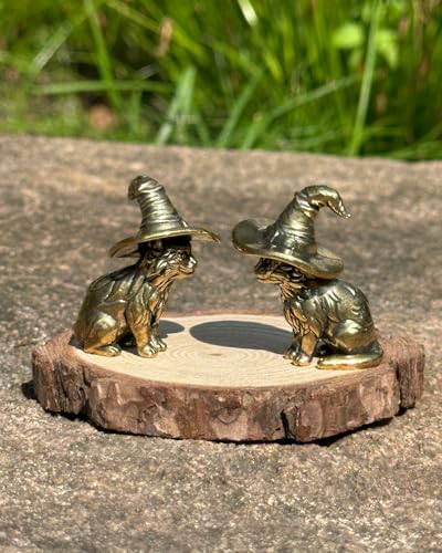 2PCS Witch Cat Figurines - Handcrafted Mini Brass Cat Statue with Wizard Hat, Vintage Witch Decor & Brass Home Decor for Shelf, Desk, Unique Gothic Gift