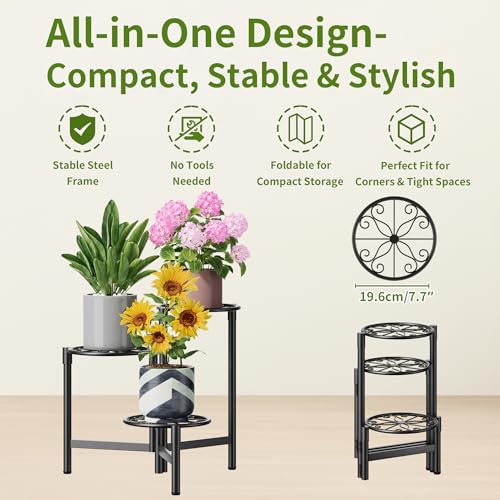 Metal Plant Stand Outdoor Indoor, 3 Tier Foldable Corner Tall Plant Shelf for Multiple Plants Flower Pot Holder Display Stand for Living Room Balcony Garden Patio -BlackS - color: BlackS, size: 3-Tiers