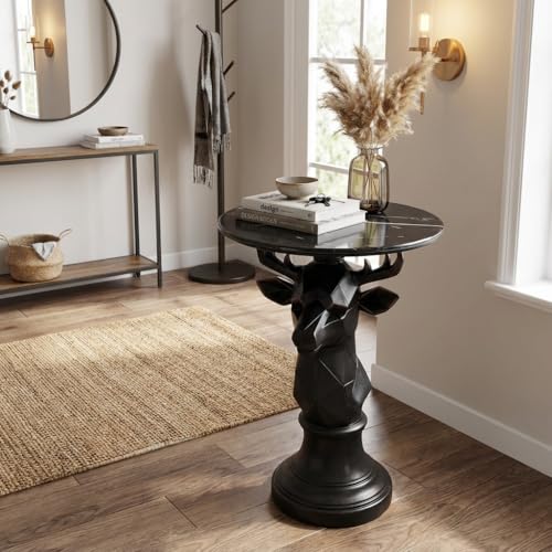 Deer Side Table for Living Room - 20" Faux Marble Top Accent End Table with Hand-Carved Resin Deer Statue Base - Modern Round Bedside Table for Bedroom, Patio, Entryway,Gift - Tool-Free Setup - color: Black Deer