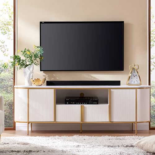 OKD Luxury 70" Fluted TV Stand, Modern Chic Entertainment Center for TVs Up to 80 inches, TV Console with Faux Marble Top, Curved Profile Design, Media Console for Living Room, Off White - color: Off White, size: 70" TV Stand without Fireplace