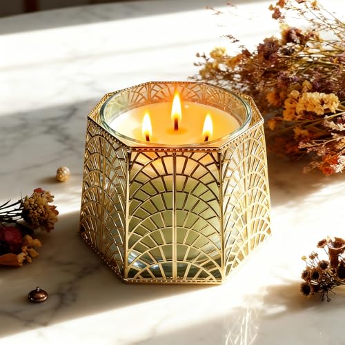 3 Wick Candle Holder, Golden Shell Design Candle Jar Holder for 4-Inch Diameter Jars (5.25" D x 3.5" H) (Golden) - color: Golden