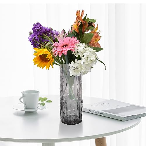9.8 Inch Black Glass Vase, Glacier Glass Flower Vase, Boho Cylinder Ribbed Vase for Centerpiece, Living Room, Kitchen, Bookshelf, Dinner Table